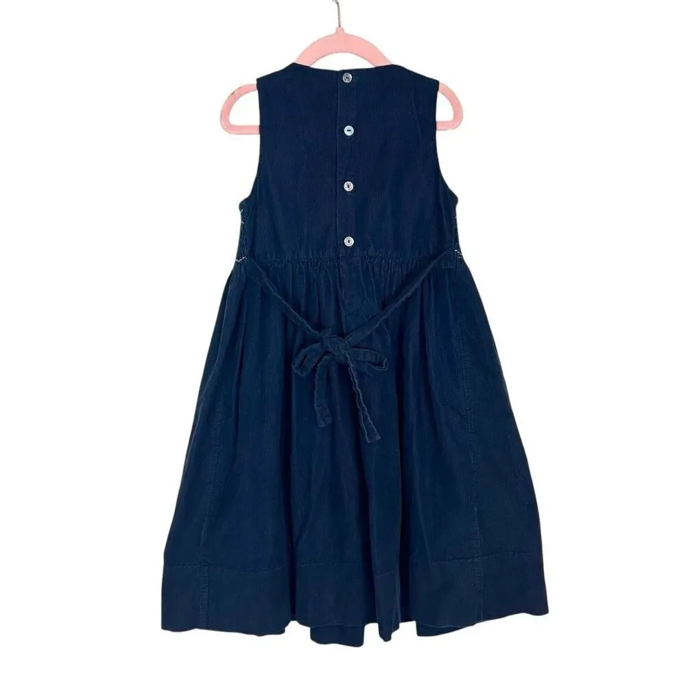 Jacadi Paris Dress Girls 6A Blue Embroidered Sleeveless Corduroy Cotton Smocked